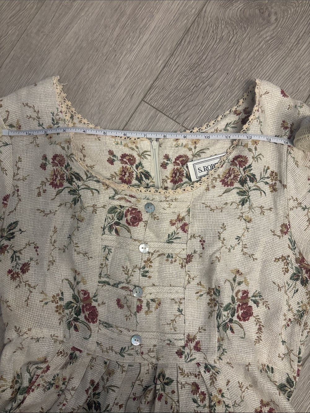 Vintage Cottagecore Prairie Girl 90s Floral Cream Pink Lace Trim - Picture 5 of 10